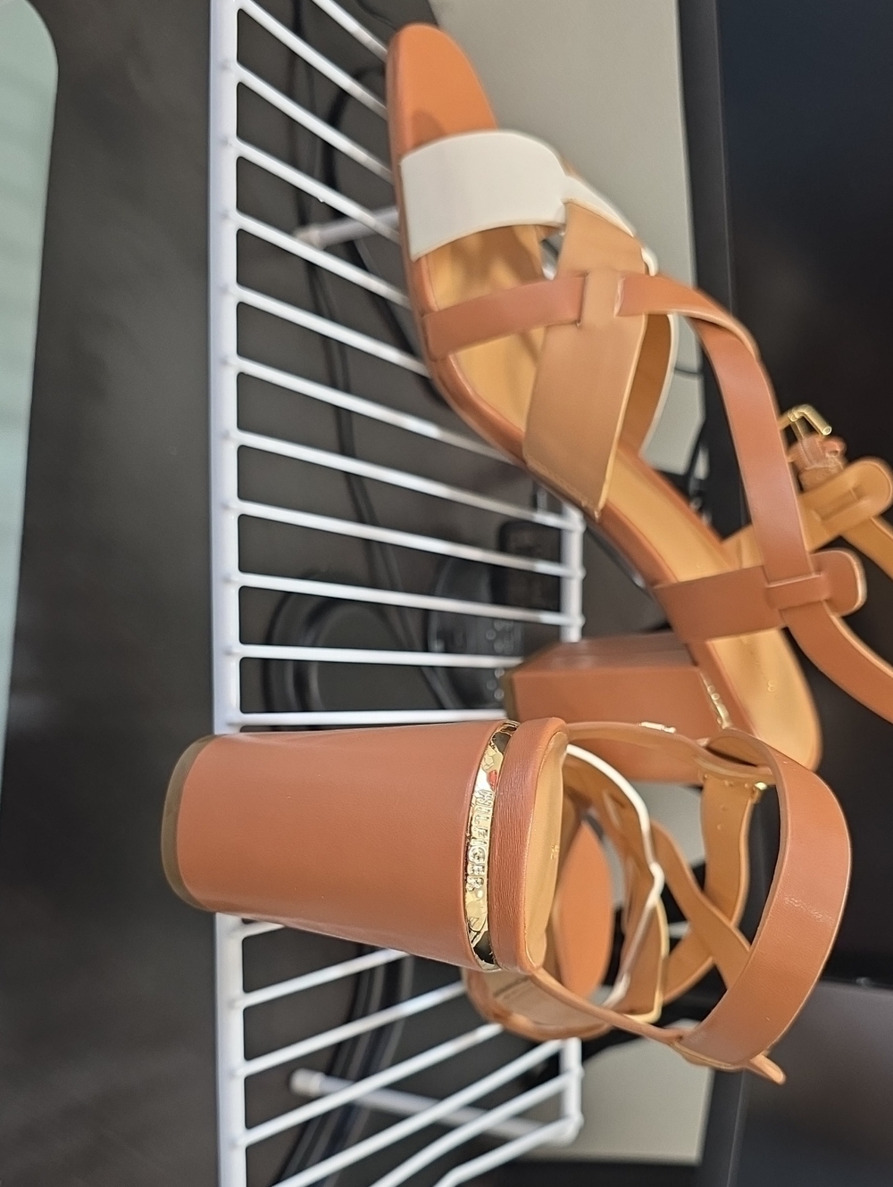 Tommy Hilfiger Tan Block Heel Sandals with Cream Strap and Gold Accent